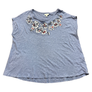 J.Jill Blue Embroidered Floral Short Sleeve Tee XLP
